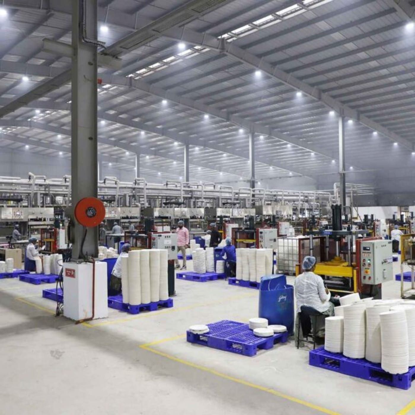Ecofy's molded fiber production floor: forming lines and stacks of finished tableware