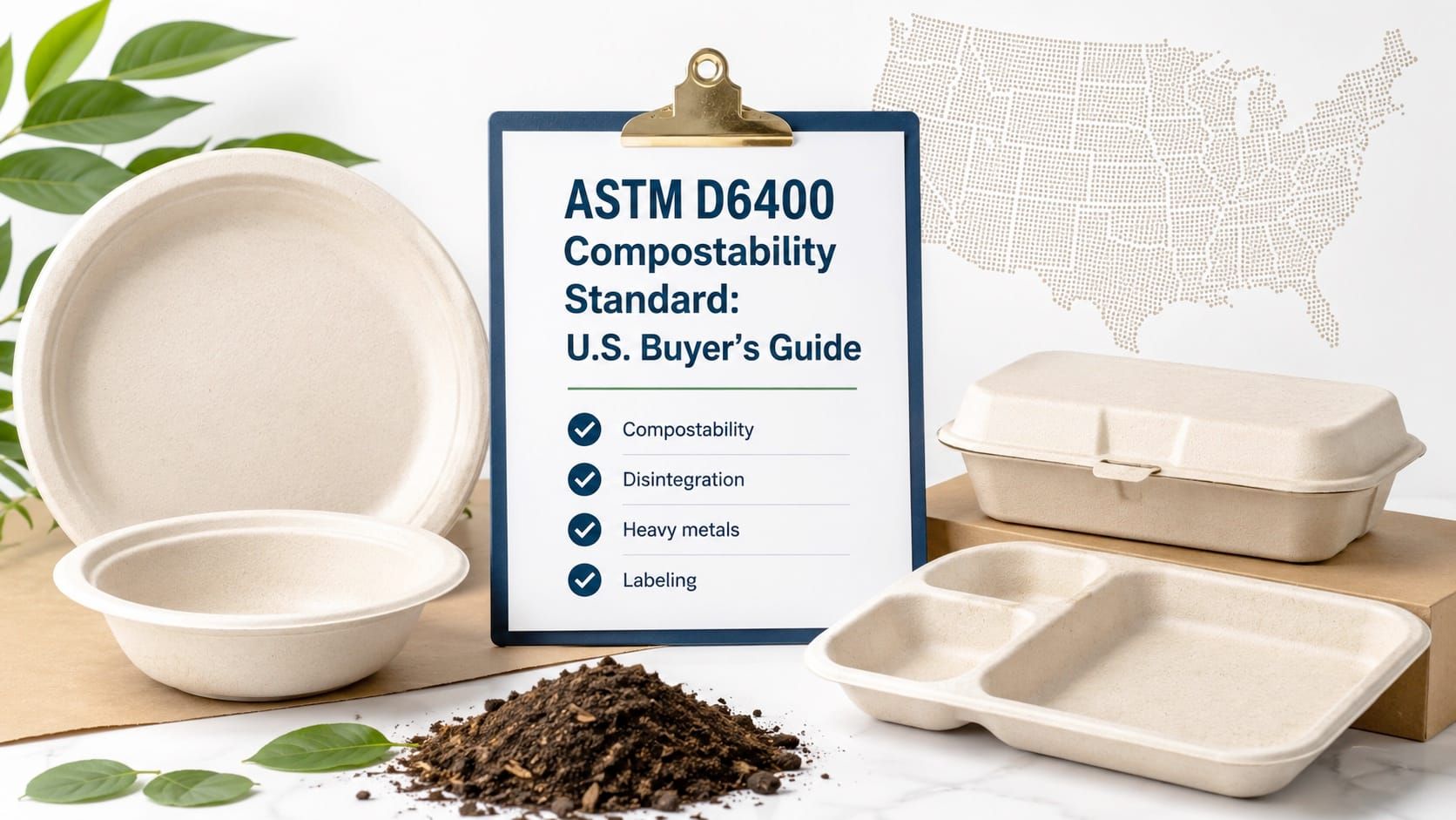 ASTM D6400 compostability standard for U.S. buyers, shown with compostable bagasse plate, bowl, clamshell and tray