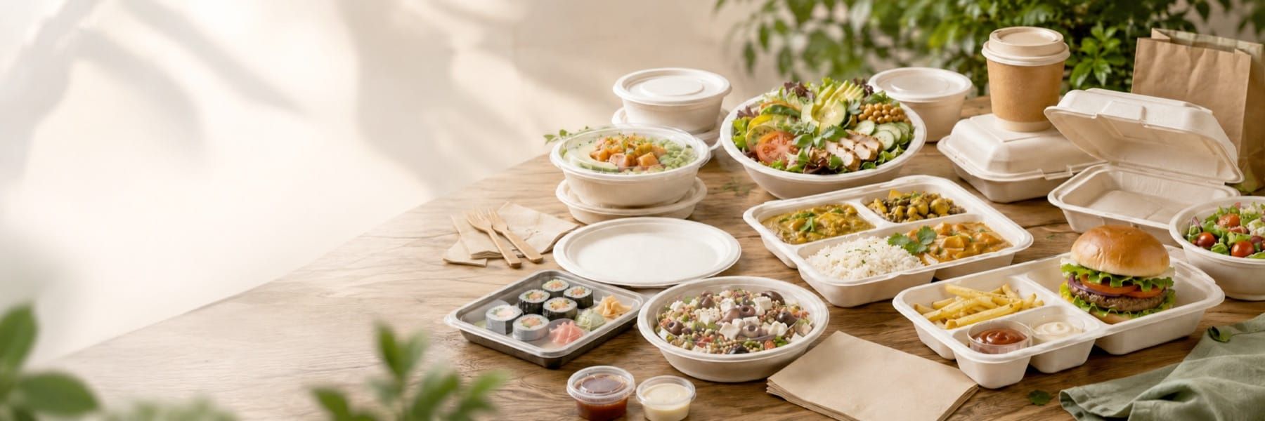 Ecofy compostable bagasse tableware spread: bowls, plates, compartment meal trays, clamshells and PET-lidded containers with food