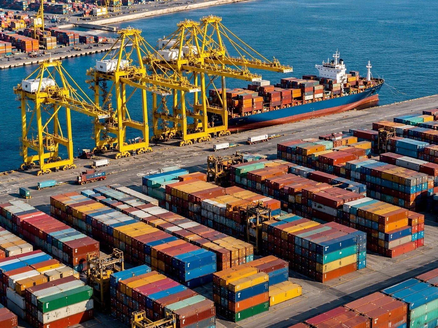 Container ship and stacked shipping containers at port, Ecofy's molded fiber tableware export operation