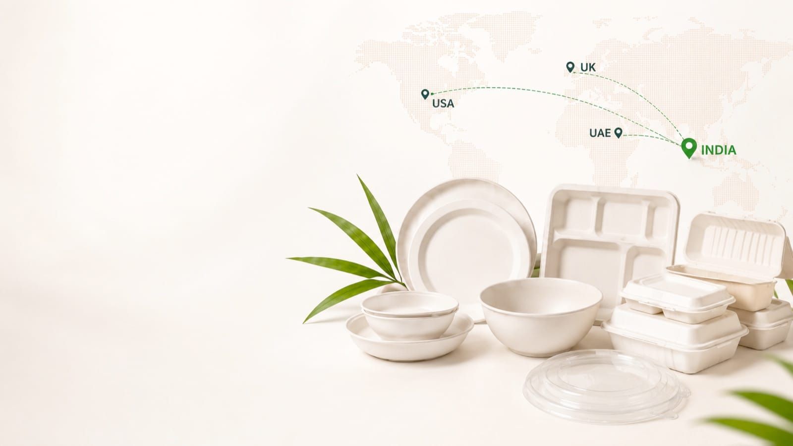 Ecofy compostable bagasse tableware exported from India to USA, UK and UAE markets , plates, bowls, trays, clamshells and takeaway containers