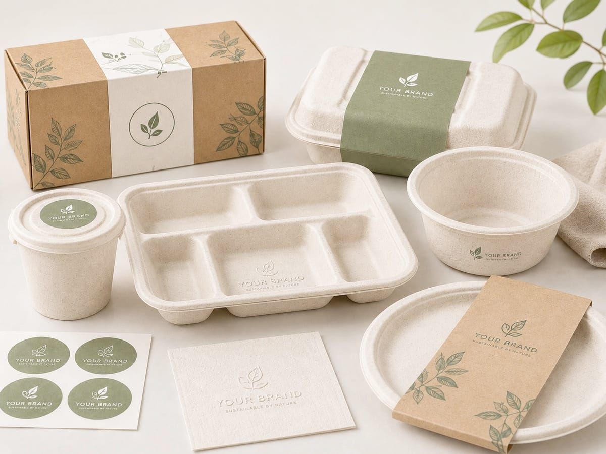 Private-label compostable bagasse packaging with custom YOUR BRAND printing, sleeves, stickers and cartons for UAE brands
