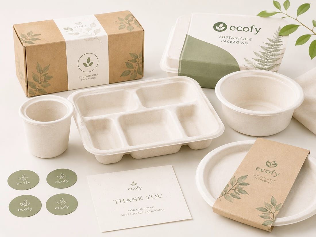 Branded outer packaging, private-label compostable tableware example